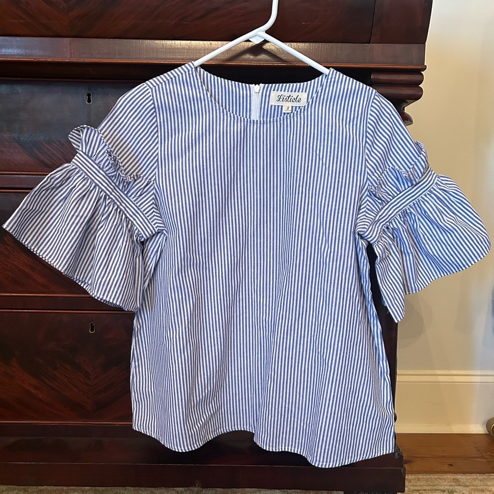 Navy striped ruffle sleeve top